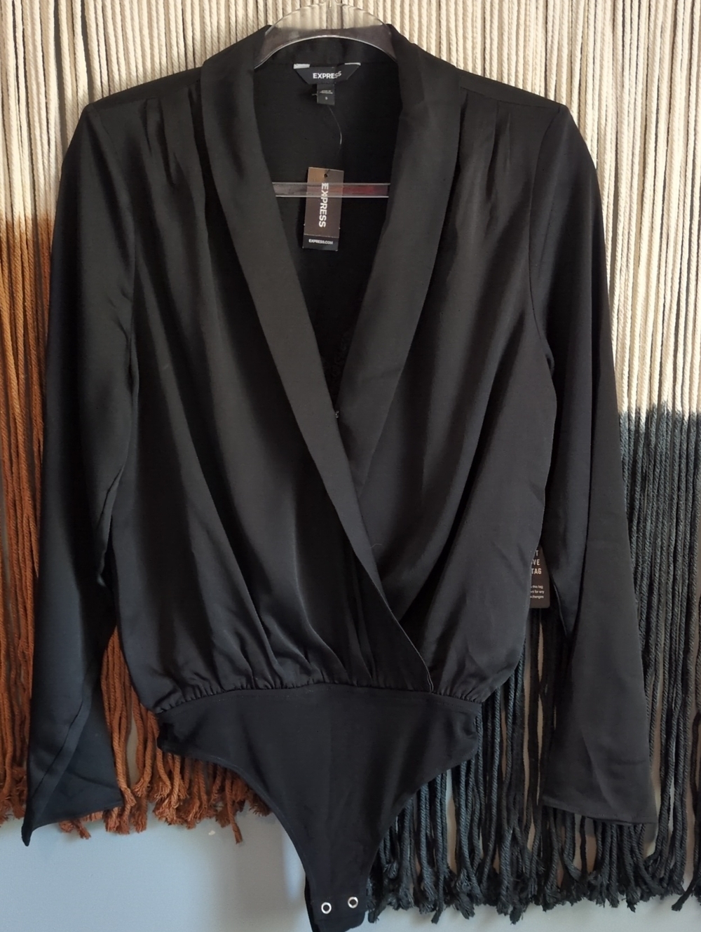 Express Black Wrap-Front Long Sleeve Bodysuit with Shawl Collar